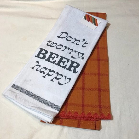 Don't Worry Beer Happy Set of Kitchen Bar Hand Towels NEW Holiday Party 2pc Pair - Picture 1 of 8